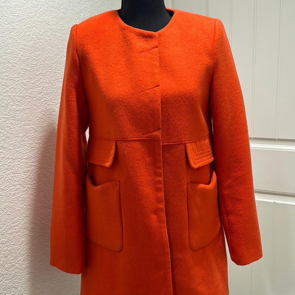 I bought this cute orange wool jacket in Seoul and wore once. Size medium.